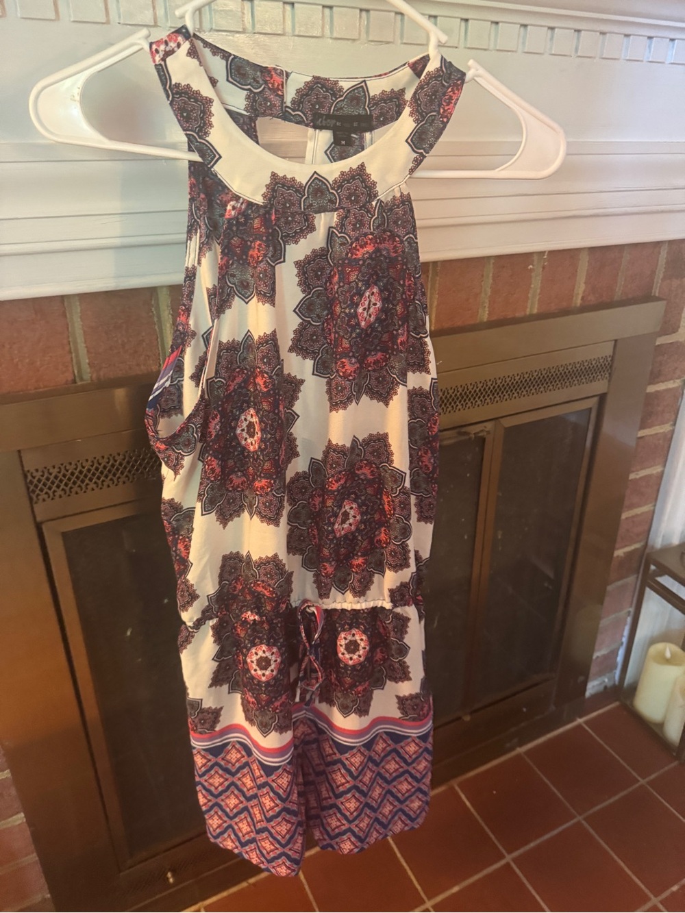 BeBop Cream Navy & Red Printed Halter Romper